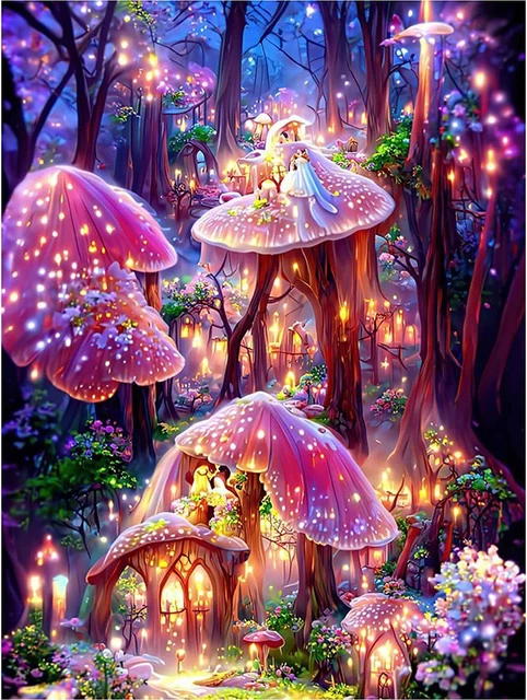 Pintura de diamantes para casa de hongos, pintura 5D por número para adultos niños principiantes, F