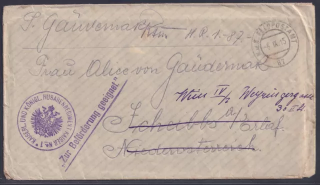 61410) Kuk Husarenregiment Kaiser Nr. 1 Feldpost-Brief Zur Beförderung geeignet