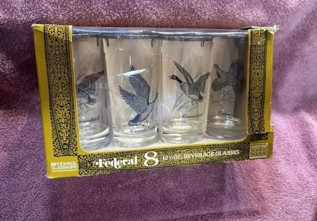 SET Of 8 SHEER RIMMED FEDERAL GAME BIRD DRINKING GLASSES WITH BOX 12.5 OZ.