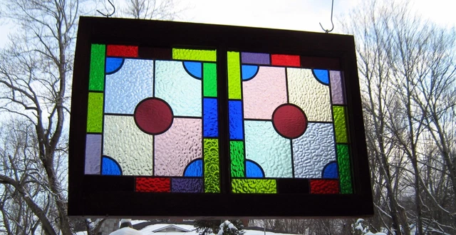 large leaded framed colorful transom*stained glass panel*antique window decor