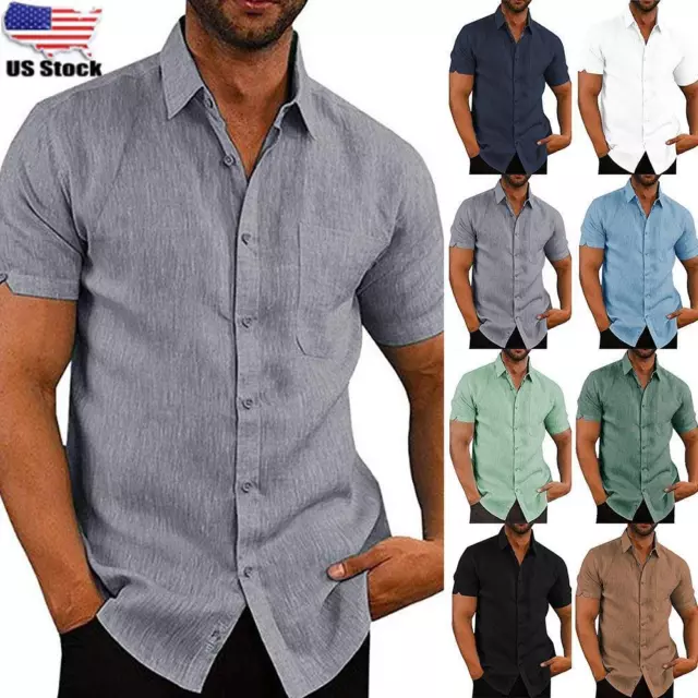 Men's Summer Casual Shirt Button Down Short Sleeve Regular Fit Plain Formal Tops