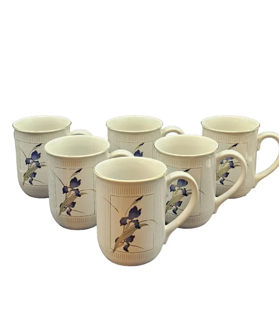 6 VTG Otagiri Grand Iris Coffee Mugs White Gold Gilt & Pinstripes Blue Iris Tea