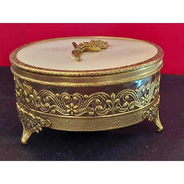 Vintage 1940's Footed Globe Glass and 24k Gold Plated Jewelry/Powder Box