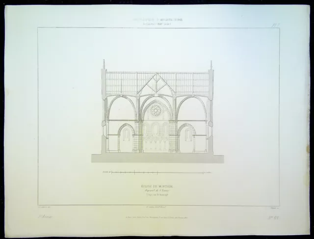 Ancienne Gravure d'Architecture Eglise de Montreal (Yonne) coupe sur le transept