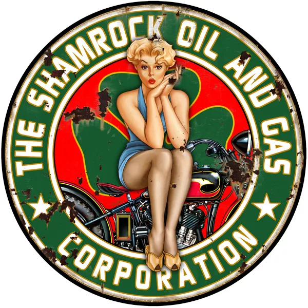 Sexy Distress Shamrock Gas And Oil Pin Girl Motorcycle 14 Inch Round Metal Sign