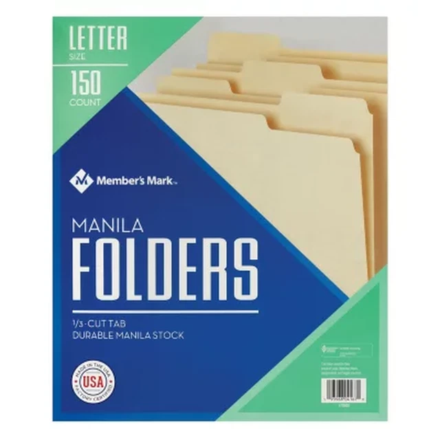 Member'S Mark Manila File Folders, Letter, 1/3 Cut Assorted Tabs,150 per Box