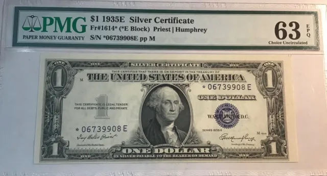 $1 1935 E STAR One Dollar Silver Certificate PMG 63 EPQ CU E Block Note