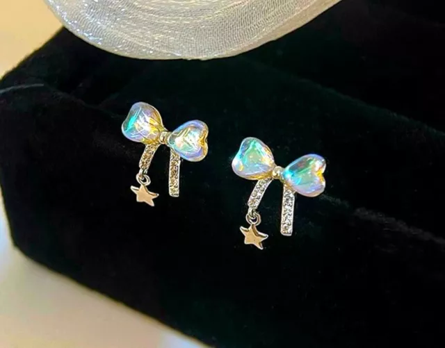 925 Sterling Silver Crystal Colourful Star Bow Stud Earring Women Girl Jewellery