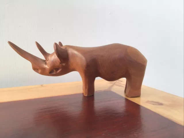 Vintage Wooden Hand Carved Rhino Statue Sculpture Rhinoceros Figurine 19cm Long