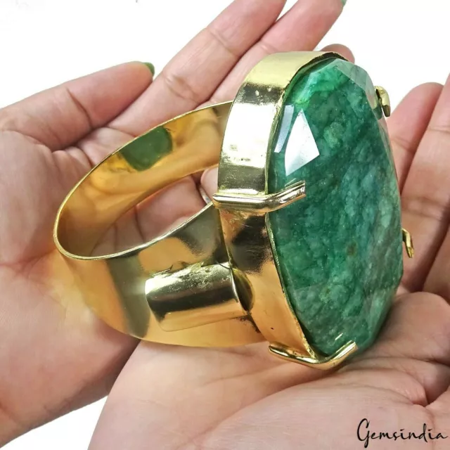 232 Gram Hand Made Natural Emerald Cuff Bangle Men/Women Jewelry Silver Plated