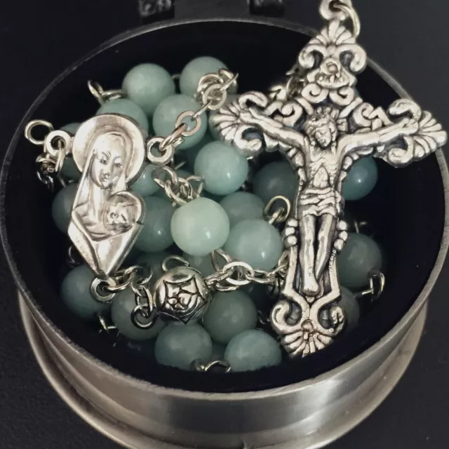 Amazonite &  Silver Rose Beads catholic rosary crucifix cross necklace box Gift