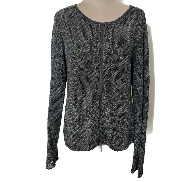 Eileen Fisher Italian Waffle Knit Zip Front Cardigan Sweater Top Charcoal Grey L