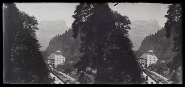Montagne Hôtel c1910 Photo NEGATIVE Stereo Plaque de verre Vintage V36L22n