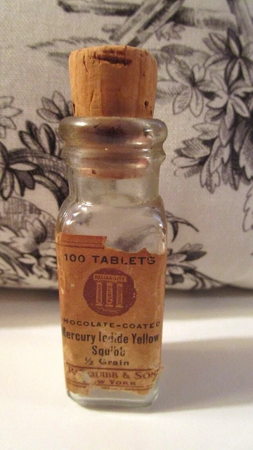 SMALL ANTIQUE ~Empty~ SQUIBB MEDICINE BOTTLE 100 Chocolate Cv'd MERCURY IODIDE