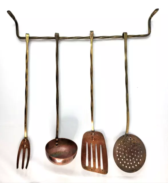 Vintage Brass Copper Decorative Utensils Fork Spoon Ladle Strainer W/ Wall Mount
