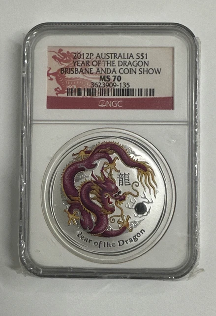 2012P Colorized Silver Dragon Brisbane Purple Ngc Ms 70 Dragon Label