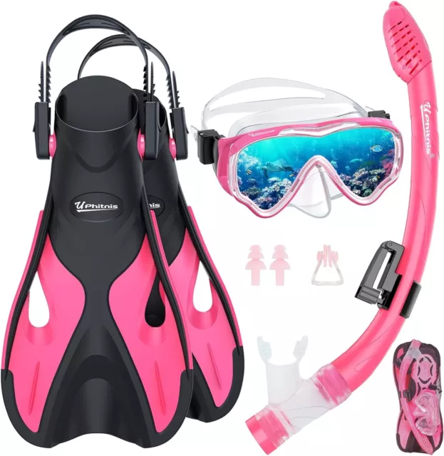 UPhitnis Schnorchelset Kinder Flossen Taucherbrille 3 in 1 Set Rosa L/XL 31-36