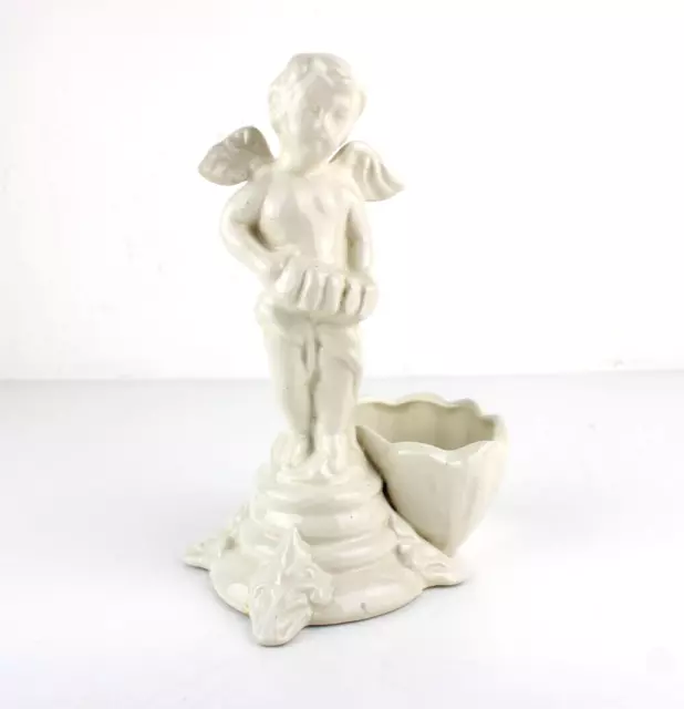 Acquasantiera Statua in Ceramica Porcellana Bianca Angelo Putto Vintage 18,5cm
