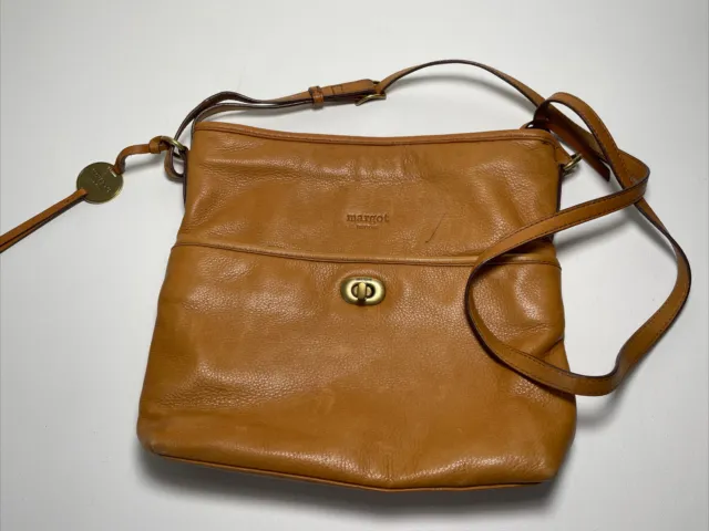 Margot New York Leather Crossbody Zip Handbag Purse Cognac Tan Brass Pen Mark