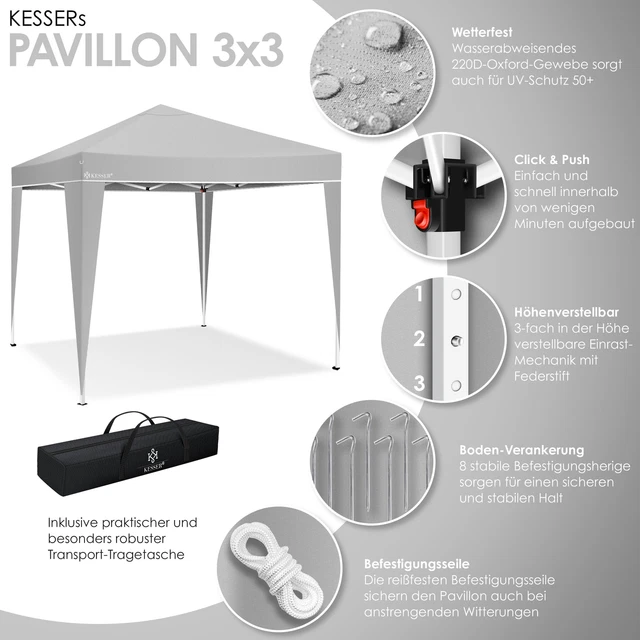 RETOURE Pavillon 3x3m | Pop-Up Klicksystem | Faltpavillon | Gartenzelt Grau 3