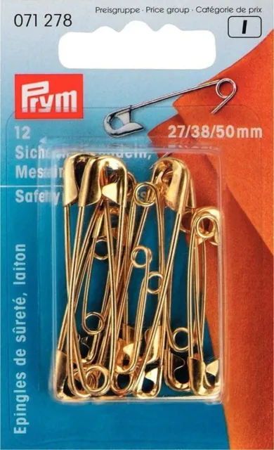 PRYM 12 Sicherheitsnadeln mit Spirale Stahl Messing 27 / 38 / 50mm gold 071278