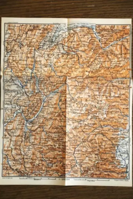 1914 Rare Antique Baedeker Atlas Map-Savoie-French Alps Region-France