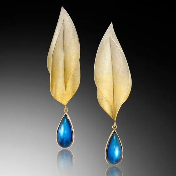 Fashion Jewelry Cubic Zirconia Ear Stud Hook Dangle Yellow Gold Feather Earrings