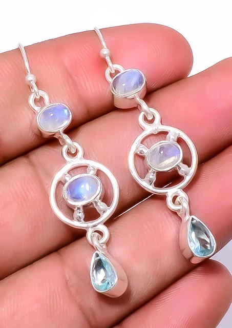 Rainbow Moonstone - India & Aquamarine 925 Sterling Silver Earring 2.15" E9_2_11