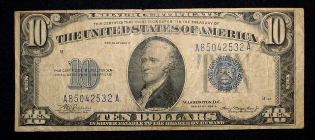 Series Of 1934 A $10 Small Size Blue Seal Silver Certificate