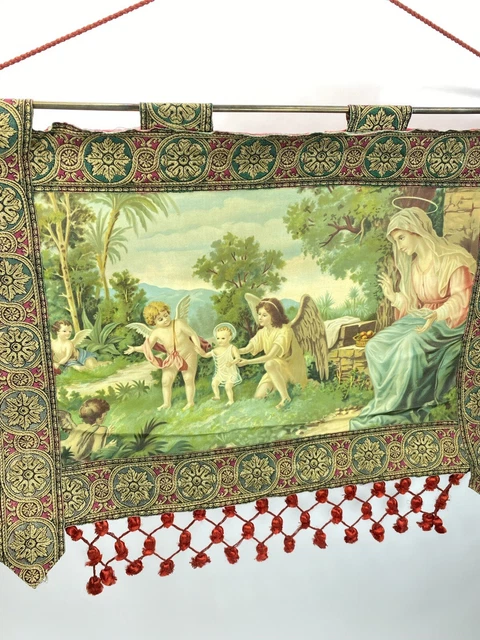 Antique Madonna, Child & Angels Hand Painted Italian Woven Tapestry 19th Century