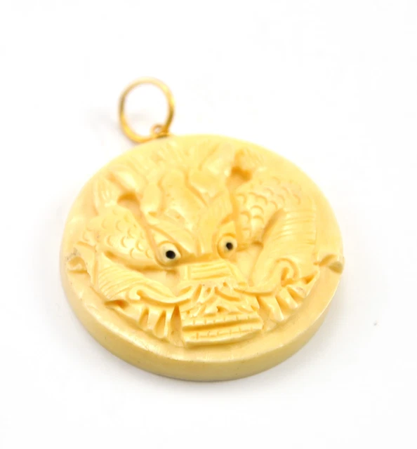 Vintage Oriental Bone Carved Bead Hand Carve Charm Pendant Dragon disc Zodiac