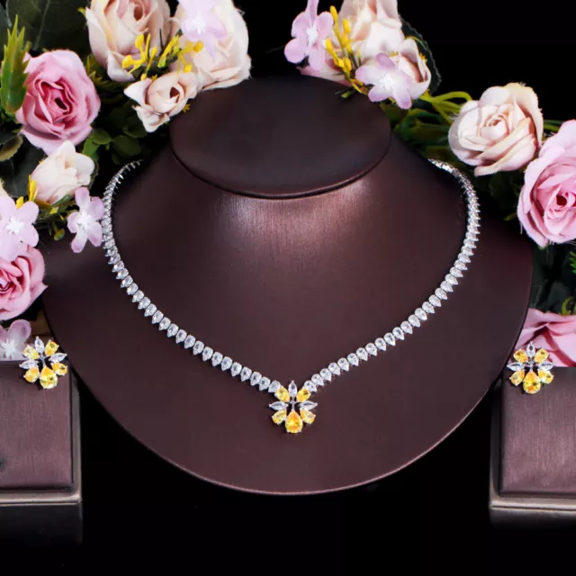 Flower Earrings Necklace Set Silver Plated Zircon Crystal Wedding Party Jewelry