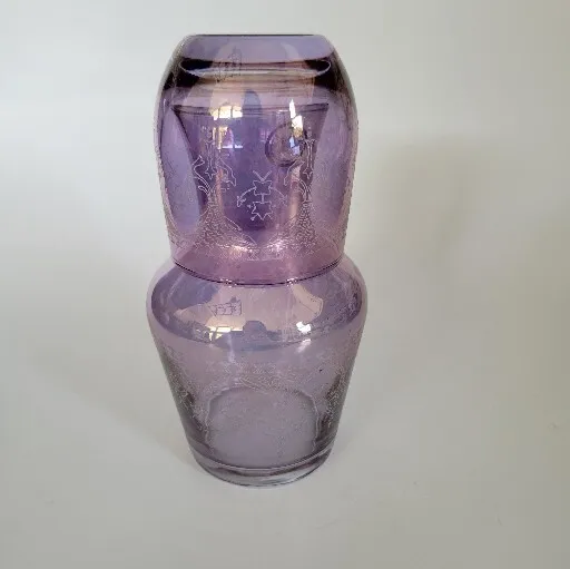 Tumble Up SC Line Made In Italy Purple Etched Glass Bedside Water Carafe and Cup