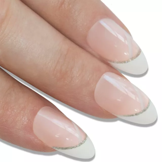 False Nails Bling Art White Glitter Almond Stiletto Long Fake Acrylic Tips Glue