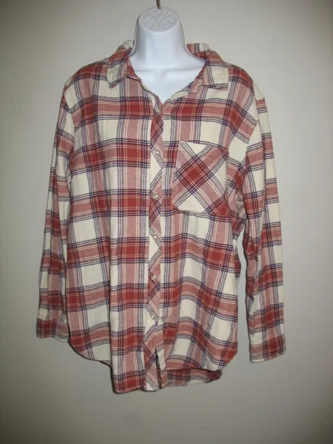 Gap Button Down Flannel Shirt Sz XL Brown White Plaid Womens Long Sleeve