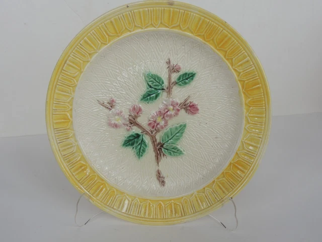 Antique Majolica Pottery Apple Blossom 9 1/2" Plate Raised Relief Staffordshire