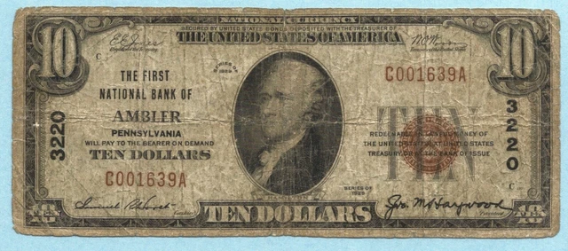 $10 National Currency 1929 - Type 1 - Ch#3220 - 1st NB, Ambler, PA - Fine