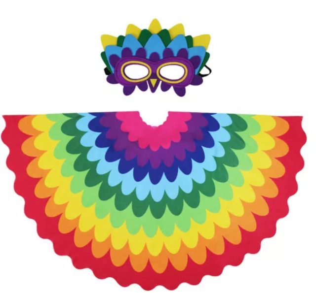 Kid Boys Girls Children Rainbow Bird Colorful Cape Cloak Party Costume Eye Mask