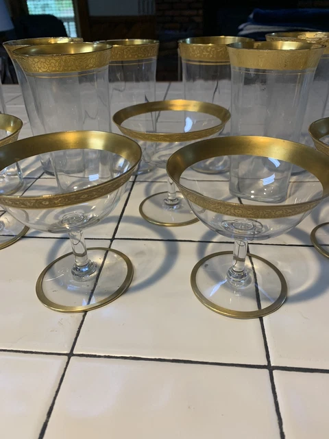 vintage tiffin franciscan Minton Glass Set Gold Rim 5 Sherbet 8 High Ball Juice