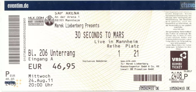 30 Seconds To Mars - Altes Konzert-Ticket - Mannheim vom 24.08.2011 - siehe Bild