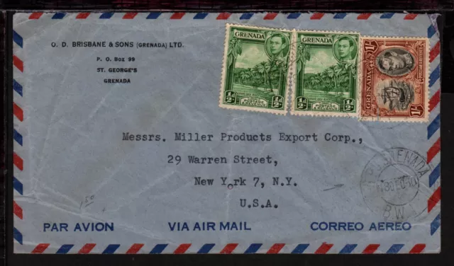 GRENADA BWI 1950 AIRMAIL COVER KGVI stamps x 3 to USA (L036)