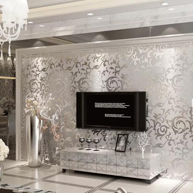 Luxury 3D Victorian Damask Embossed Wallpaper Silver Grey Living Room TV Decor