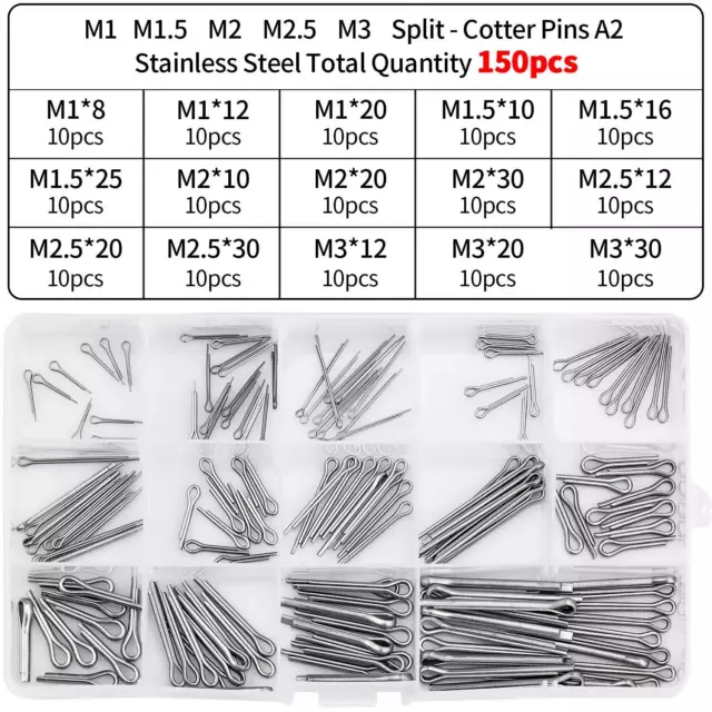 150Pcs Stainless Steel Assorted Split Cotter Pins 15 Kinds Size Kit Set with Box