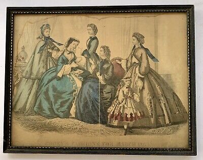 Godey's March 1863 Victorian Fashion Era Dress OLD ANTIQUE ART PRINT Framed