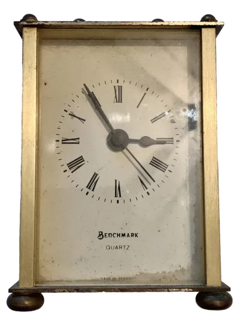 Vintage Brass Mini Clock Benchmark Quartz Mantel Carriage Case