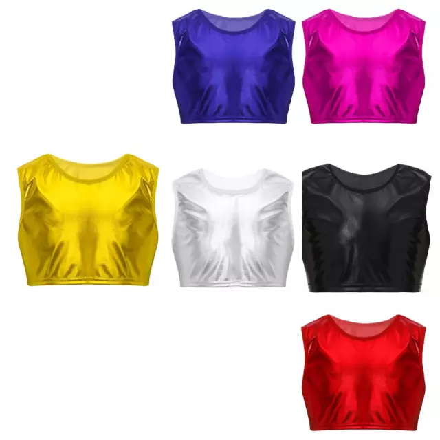 Kids Girls Boys Metallic Jazz Hip Hop Dance Crop Top Sleeveless Vest Tank Tops