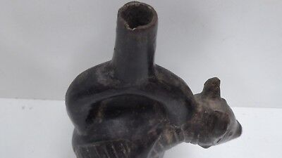 Pre-Columbian Pottery Crouching Animal Stirrup Vessel Chimu Peru South America 3
