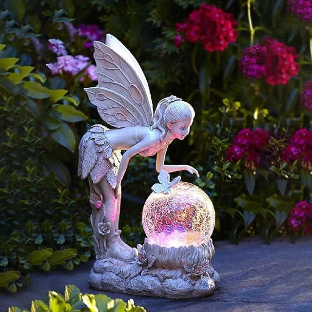 Crystal Ball Figurine With Solar Lights Miniature Sculpture Angel Girl Statue