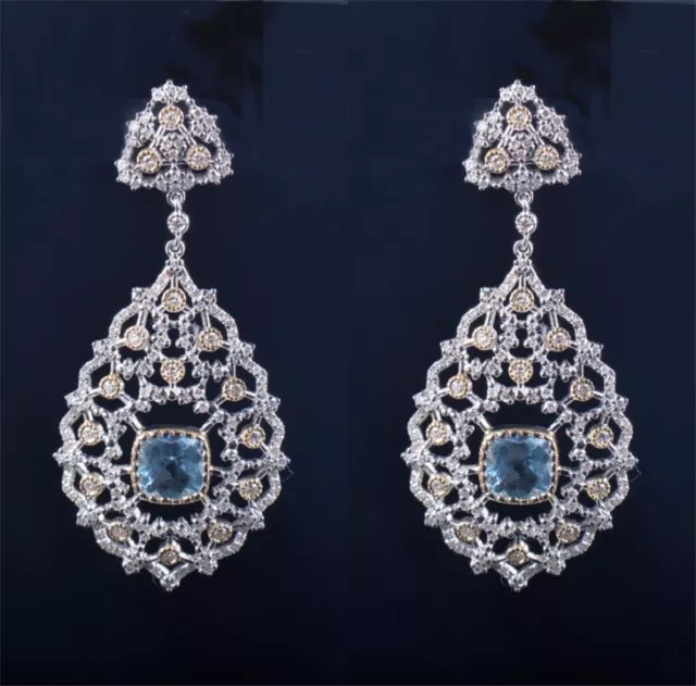 Luxury Natural Blue Aquamarine Diamond Chandelier Party Earrings 14K Yellow Gold