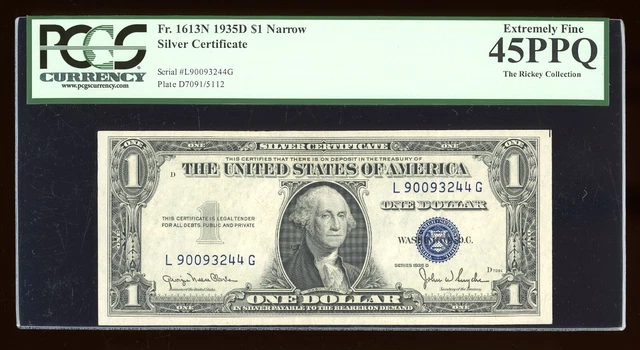 DBR 1935-D $1 Silver Fr. 1613N Narrow LG Block PCGS 45 PPQ Serial L90093244G